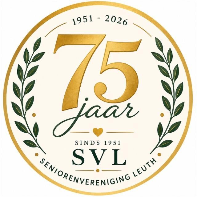 Jubileumlogo SVL: 75 jaar Seniorenvereniging Leuth, 1951-2026, met lauwerkrans en gouden rand